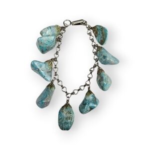 Crazy Lace Agate Charm Bracelet Ladder Link Chain Blue Natural Stone Vtg 7.25"